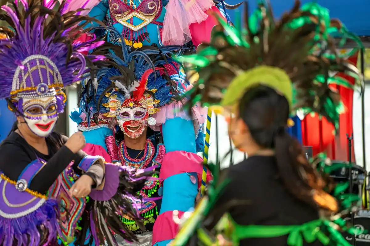 Performers dressed in vibrant, feathered costumes take part in a lively cultural dance.
